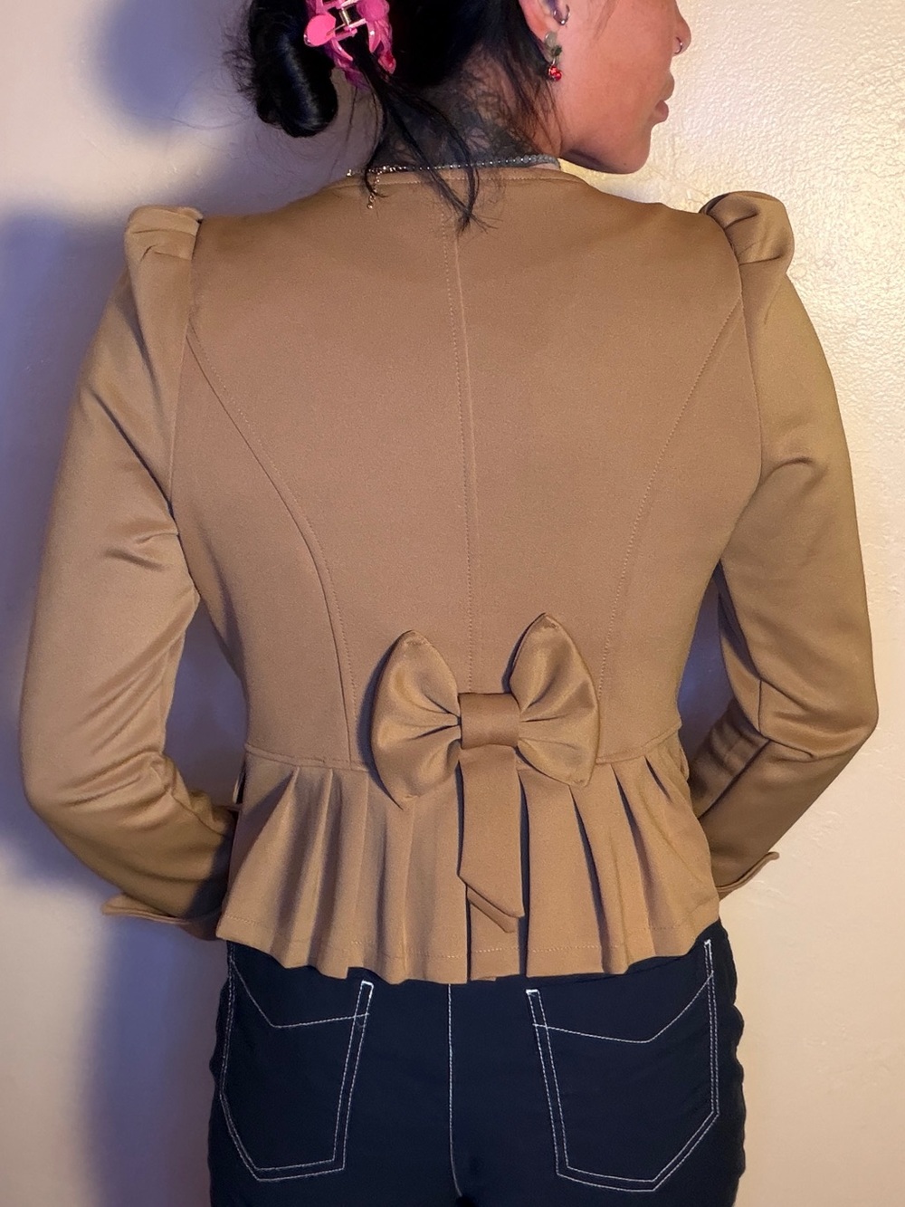 Tan Peplum Jacket with Back Bow Detail